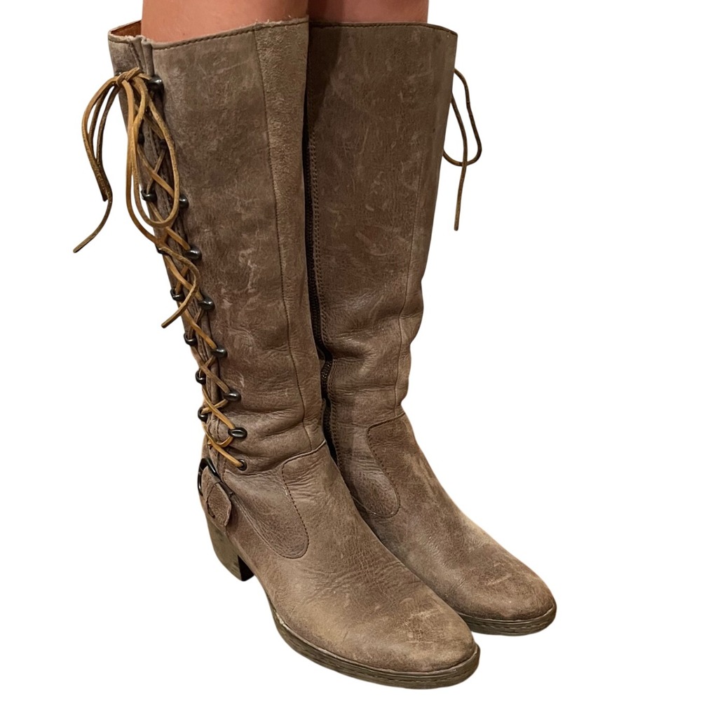 Born Riding Boots Women Brown Leather Side Lace Zip Tall Block Heel Size 8.5